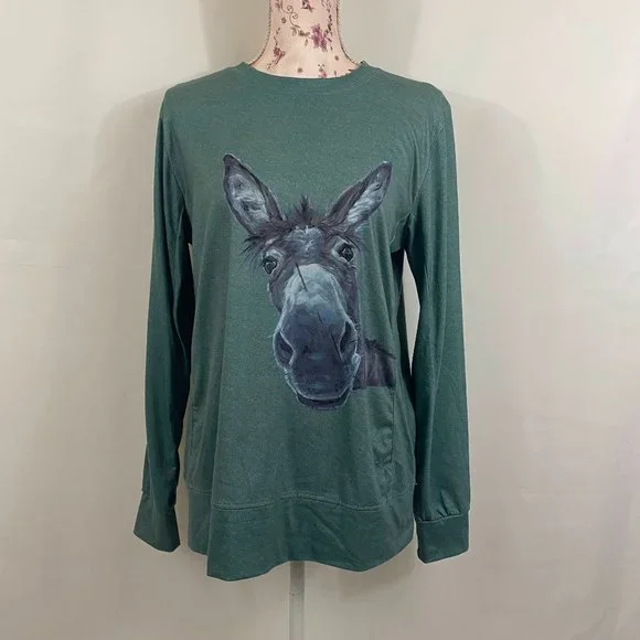 sz:M Teal Long Sleeve Donkey Graphic Pullover Top - Picture 1 of 10